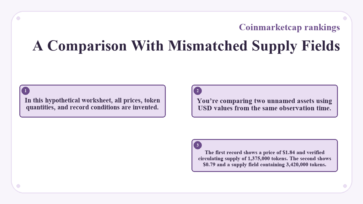 A Comparison With Mismatched Supply Fields: In this hypothetical worksheet, all prices, token quantities, and record conditions are invented.; You’re comparing two unnamed assets using USD values from the same observation time.; The first record shows a price of $1.84 and verified circulating supply of 1,375,000 tokens. The second shows $0.79 and a supply field containing 3,420,000 tokens.