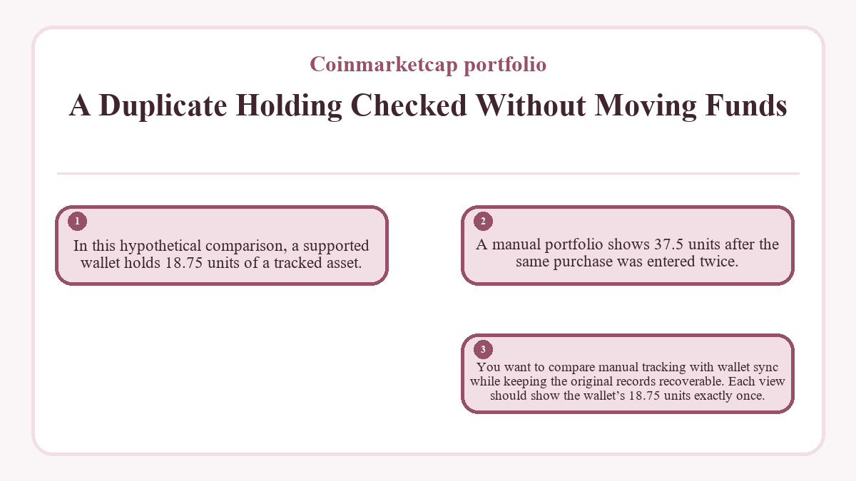 A Duplicate Holding Checked Without Moving Funds: In this hypothetical comparison, a supported wallet holds 18.75 units of a tracked asset.; A manual portfolio shows 37.5 units after the same purchase was entered twice.; You want to compare manual tracking with wallet sync while keeping the original records recoverable. Each view should show the wallet’s 18.75 units exactly once.